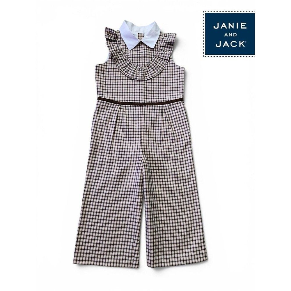 Janie and Jack Little Girls Size 5 Brown Houndstooth Jumpsuit Peter Pan Collar